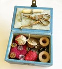 Antique Miniature Sewing Box Complete With Sewing Tools, Gold Tape Measure