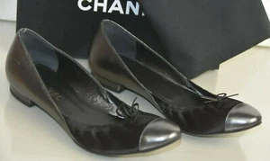 $975 NEW Chanel Leather Black Satin Anthracite CC Bow Flats Stretch Shoes 41 - Picture 1 of 10