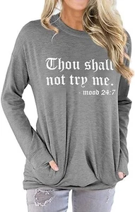 Thou Shall Not Try Me -Mood 24:7 Top MEDIUM Gray Long-Sleeve Pockets Sleighty - Picture 1 of 3
