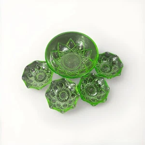 Hazel Atlas “Fancy” Green Uranium Depression Glass 1 Lg Bowl 4 Sm Bowls - Picture 1 of 9