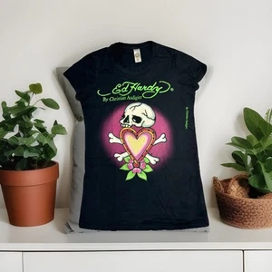 Ed Hardy by Christian Audigier Women Hollywood Short Sleeve Shirt Size 0X Black - Picture 1 of 7