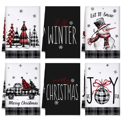 Best Bencailor 6 Pcs Christmas Kitchen Towels Buffalo Plaid Dish Set Black White - Image 1 of 4