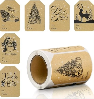 120 PCS Kraft Christmas Stickers - Adhesive Labels & Tag Stickers for Presents