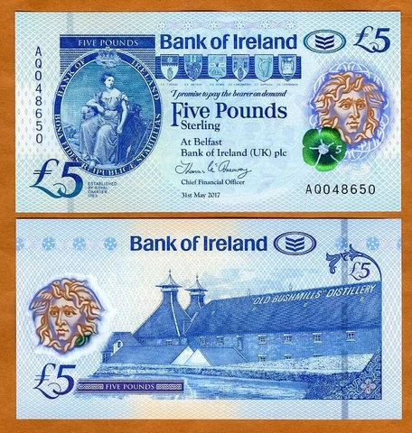 Bank of Ireland, Northern, 5 pounds, 2017 (2019), P-New Polymer, UNC Cover