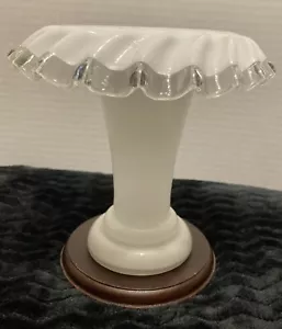 Vintage Czechoslovakia Milk Glass With Clear Crest Ruffled Top Vase/Signed - Picture 1 of 7