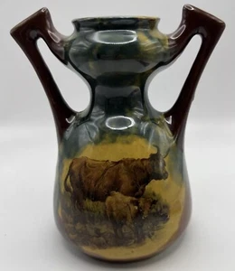 Vintage Country Cow Calf Highland? Porcelain? Base Browns Handles Small 5" - Picture 1 of 17