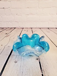 Vintage Venetian Murano Art Glass Ruffled Edge Bowl 5" Blue & Silver - Picture 1 of 7