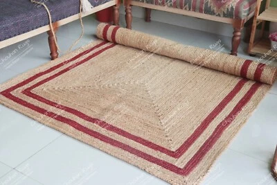 Handwoven Braided Square Beige & Red Border Guest Room Décor Large Area Rugs - Image 1 of 4