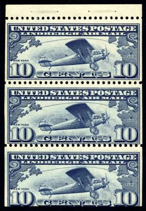 US C10a 10c Lindbergh Airmail 1927 "Spirit of St. Louis" booklet pane of 3 VG NH - Picture 1 of 2