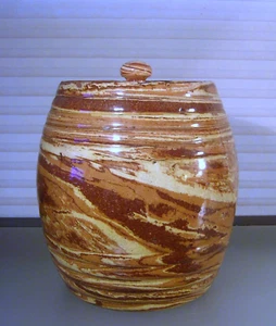 Antique Agateware Pottery Covered Jar Barrel Scotland 19th c - Picture 1 of 23
