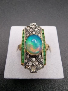Antique Opal Diamond Garnet Ring Art Deco Tsavorite Rose Cut Diamonds  - Picture 1 of 24
