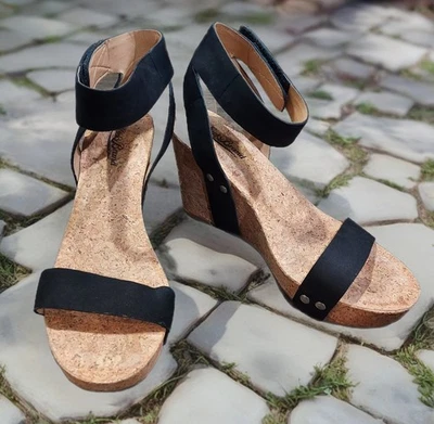 Lucky Brand Black Suede Sandal Ankle Strap Cork Wedge Heel Size7.5M USA Mcdowell - Image 1 of 4