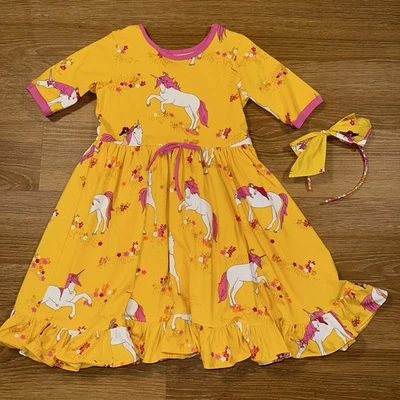 Eleanor Rose Niñas Vestido Unicornio Talla 7-8 Amarillo Rosa Lazo Diadema Conjunto Boutique Foto 1 de 4