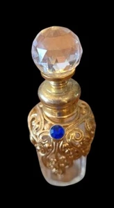 Vintage Glas Parfum Flakon mit goldenen filigranen & blauen Schmuckakzenten - Bild 1 von 7