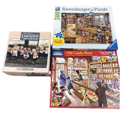 White Mountain Ravensburger Lot of 3 Jigsaw Puzzles Amish Country Dads Shed - Image 1 of 4