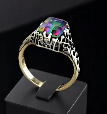 1.5 Ct MYSTIC QUARTZ 925 STERLING SILVER FILIGREE VICTORIAN STYLE RING      #700 - Image 1 of 3