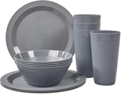 US Acrylic Newport Plastic Plate,Bowl and Tumbler Dinner Set for 4 in Grey Stone - Image 1 of 4