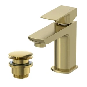 Cloakroom Basin Mixer Tap & Waste Set Square Mini Single Lever Brushed Brass - Picture 1 of 10