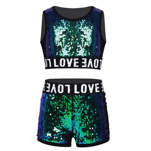 Girls Boys Sequin Jazz Hip Hop Dance Costume Dancing Tops Shorts/Pants/Skirt Set