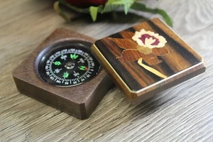 Compass Box Pocket Military Camping Army Hiking camping Wood Flower 2 Handmade - Picture 1 of 4