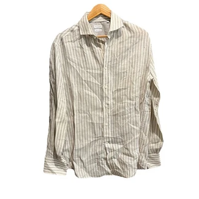 Brunello Cucinelli 100% Linen White Stripe Basic Fit Button Down Shirt Size L - Image 1 of 4