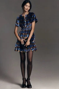 Anthropologie Dress Womens Small Somerset Mini Velvet Edition Blue Gold Brown - Picture 1 of 12