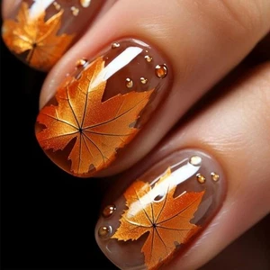 Chrome Metal Maple Leaves Press on Nails Short Square Thanksgiving Maple 8 - Picture 1 of 7