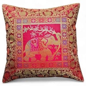 Indian Brocade Elephant Cushion Cover – Decorative Silk Throw Pillow Case, 16x16 - Picture 1 of 7