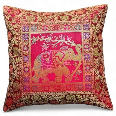 Indian Brocade Elephant Cushion Cover – Decorative Silk Throw Pillow Case, 16x16 - Image 1 of 4