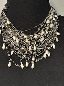 Vera Wang Imitación Perla y Diamante Multicapa Plata Grueso Declaración Collar Gótico - Imagen 1 de 9