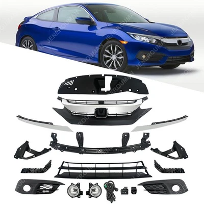 Grille Kit Front Brackets Radiator Cover Fog Lights For 16-19 Honda Civic 14Pcs - Image 1 of 4
