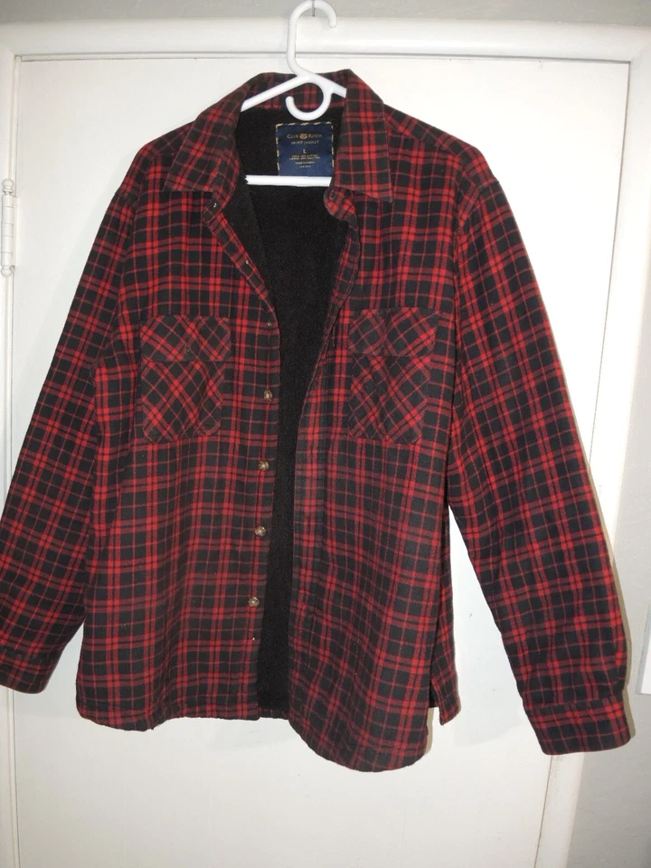 Club Room Shirt Jacket Men’s L red Plaid Fleece Lined  2 Pockets Cotton - Image 1 of 4