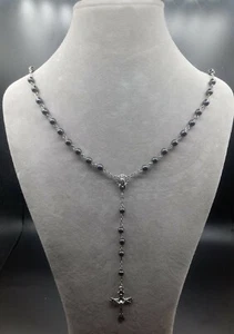 Halskette Perlenkette Kette Perlen schwarz Jesus Maria Kreuz Modeschmuck - Bild 1 von 4