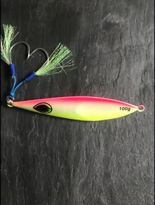 Slow Jig, Metal Jigging Lure Perfect for Bass Pollock Ling Cod 100g SPJ Rhubarb. - Picture 1 of 5