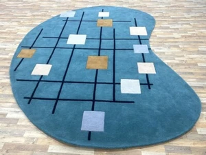 Alfombra para niños con diseño de riñón abstracto geométrico de lana acolchada a mano de primera calidad - Imagen 1 de 8