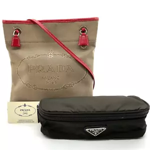 Auth Prada Jacquard Canvas Shoulder Bag /Nylon Black Pouch Set GPJ040054 - Picture 1 of 23