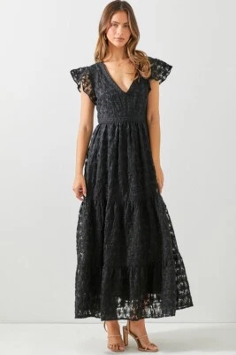 Maxi Vestido BaeVely Capas Encaje Cuello en V Manga Acampanada Negro S M L - ¡Nuevo! Foto 1 de 4