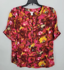 Intro Top Womens PXL Red Pink Yellow Floral Short Sleeve 1/4 Snap Up Artsy Boho - Picture 1 of 10