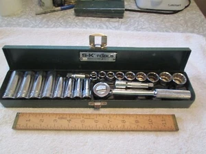 SK 3/8" Drive 20 Piece Socket Set- Circa 70's - Orig Metal Box - MINT - Picture 1 of 14