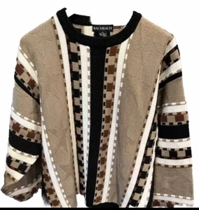 2X Bacharach Wool Sweater Tan Brown 3D Textured Pullover Geometric Print Vtg Men - Picture 1 of 12