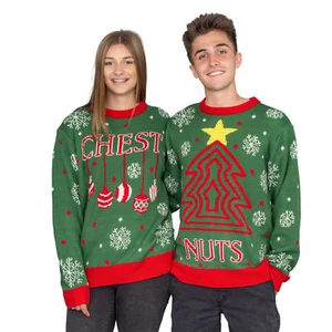 Adult Unisex Chest Nuts Couples Sweater Costume Ugly Christmas Sweaters - Picture 1 of 12