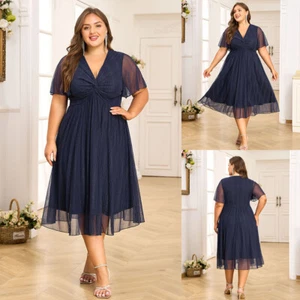 Plus Size Women Short Sleeve V-Neck A-Line Party Maxi Dress Mesh Solid Dresses - Picture 1 of 18