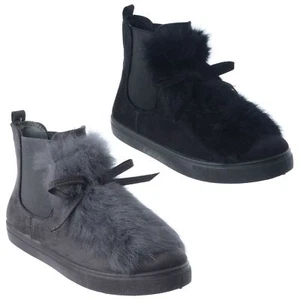 LADIES WOMENS FLAT ANKLE CHELSEA BOOTS PULL ON TRAINERS FLUFFY FUR SNEAKERS SIZE - Picture 1 of 7