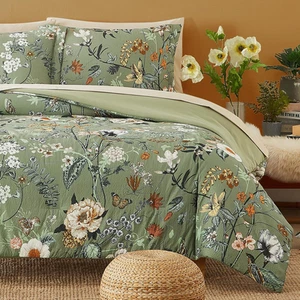 Queen Comforter Set, 7 PCS Green Butterfly Floral Comforter Set with Flowers Lea - Picture 1 of 12