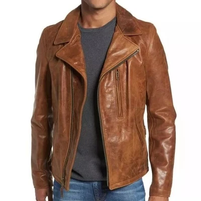 Men's Leather Jacket Brown Genuine Lambskin Biker Cafe Racer Coat - Image 1 of 4
