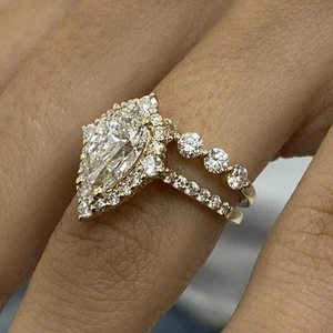 Diamond Halo Ring F VS1 IGI Pear 3.35 Carat Labcreated 14K Yellow Gold Band Set - Picture 1 of 11