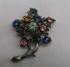 Schöne Vintage silberfarbene bunte Strass Blume Brosche 1 5/8" #67A - Bild 1 von 3