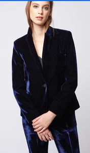 Top Shop Womens Dark Blue Velvet Tuxe Pant Suit Sz 4 - Picture 1 of 18