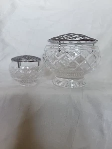 2 x Cut Crystal Glass Rose Bowls/Frogs With Silver Coloured Wire Mesh Inserts - Picture 1 of 11