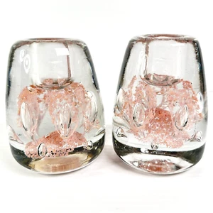 Vintage Corydon Kristall Indiana mundgeblasen Kunstglas rosa Briefbeschwerer Kerzenhalter Paar - Bild 1 von 10